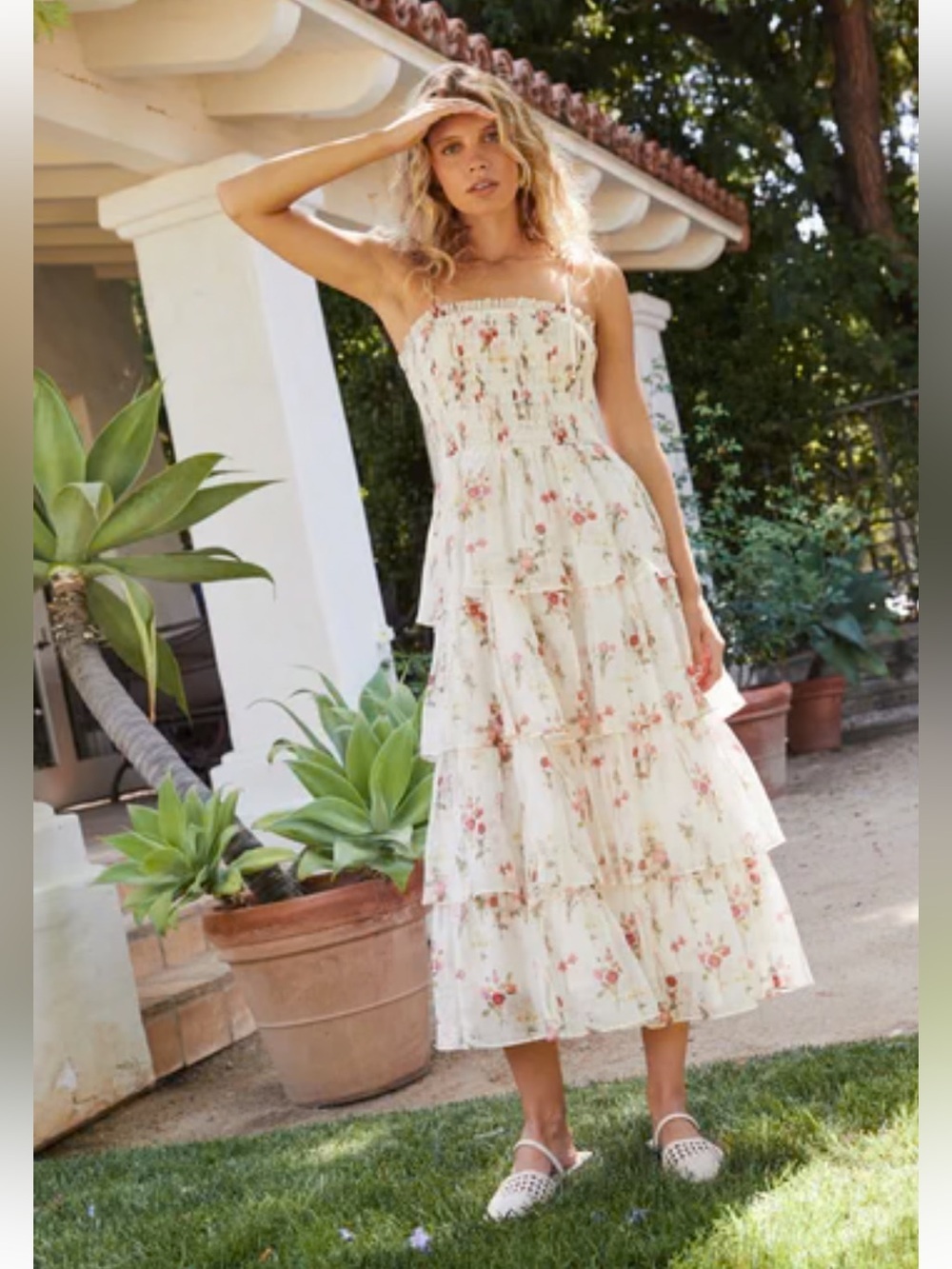 $119 New Lucy Paris Olive Tiered Smocked Midi Dress Cream Multi Floral Large